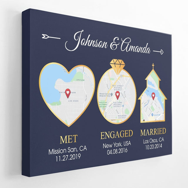 Custom Map And Text, Met Engaged Married Navy Background Canvas