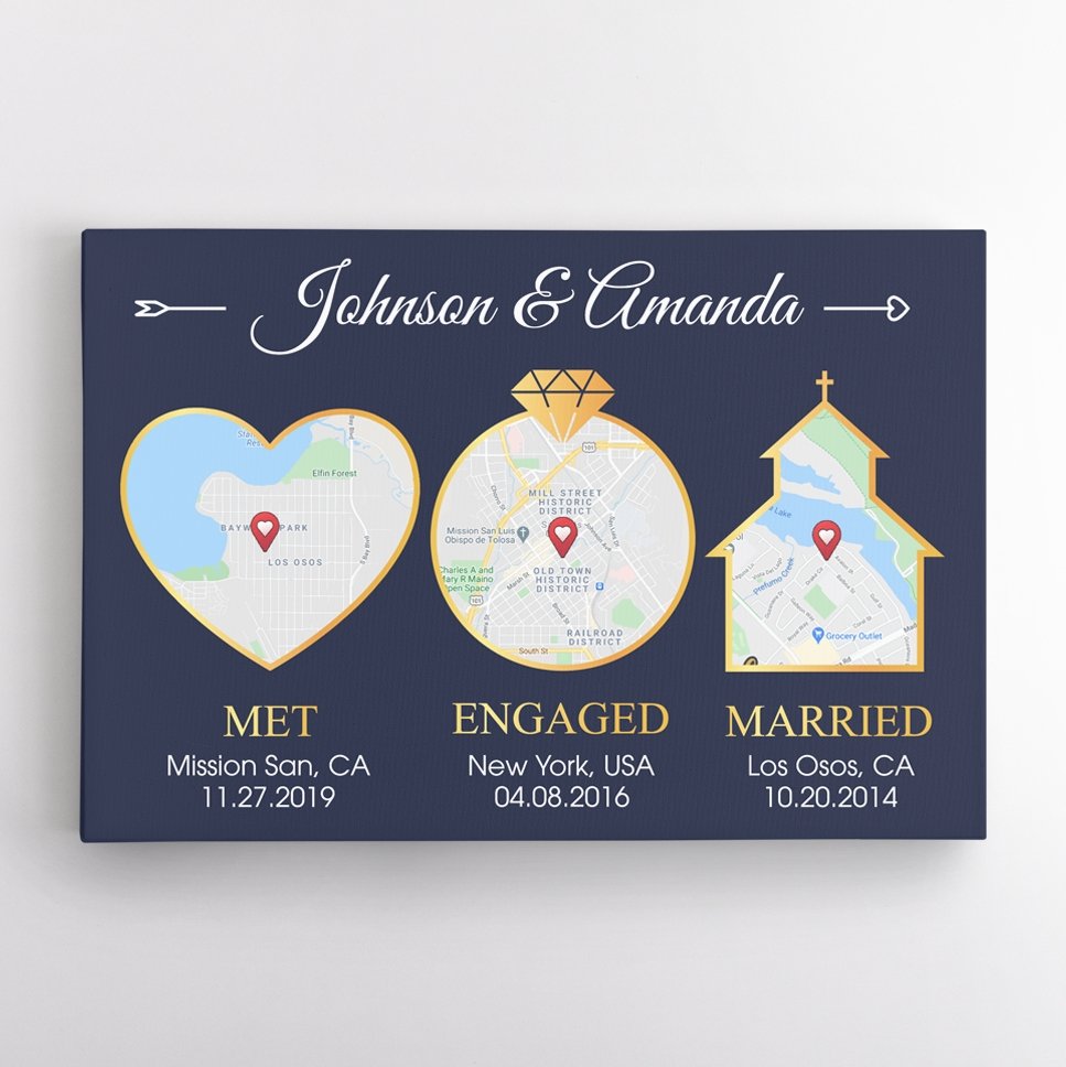 Custom Map And Text, Met Engaged Married Navy Background Canvas