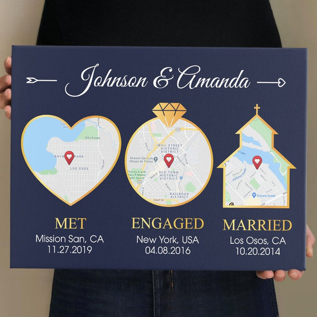Custom Map And Text, Met Engaged Married Navy Background Canvas