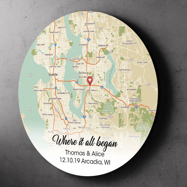 Custom Map By Location, Personalized Text, Round Wood Sign