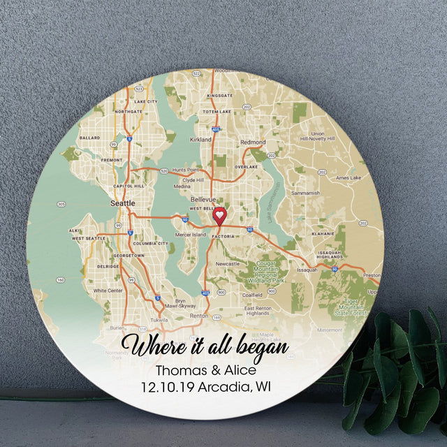 Custom Map By Location, Personalized Text, Round Wood Sign