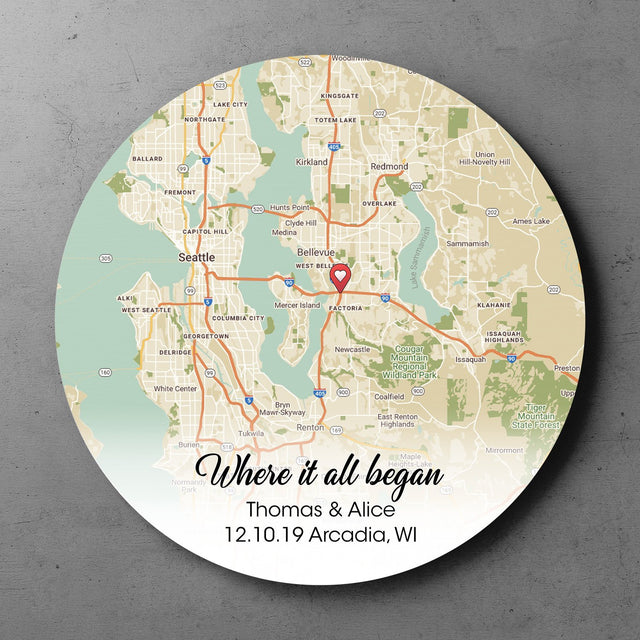Custom Map By Location, Personalized Text, Round Wood Sign