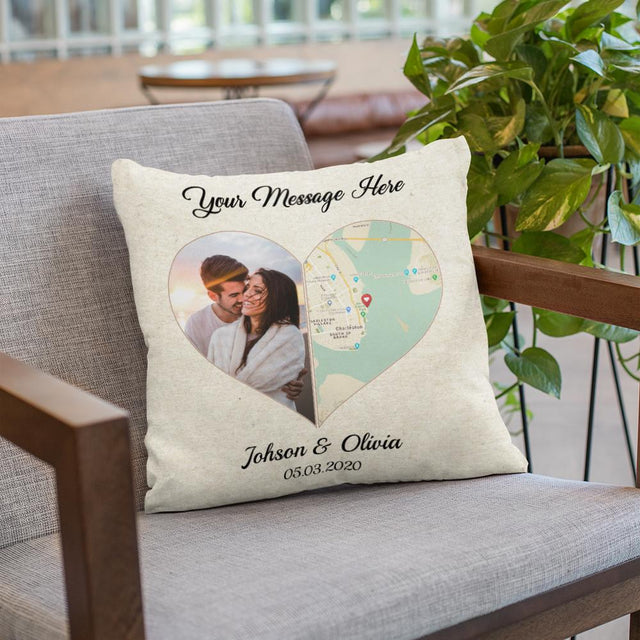 Custom Map Print And Photo 2 In 1 Heart Art, Personalized Text Pillow