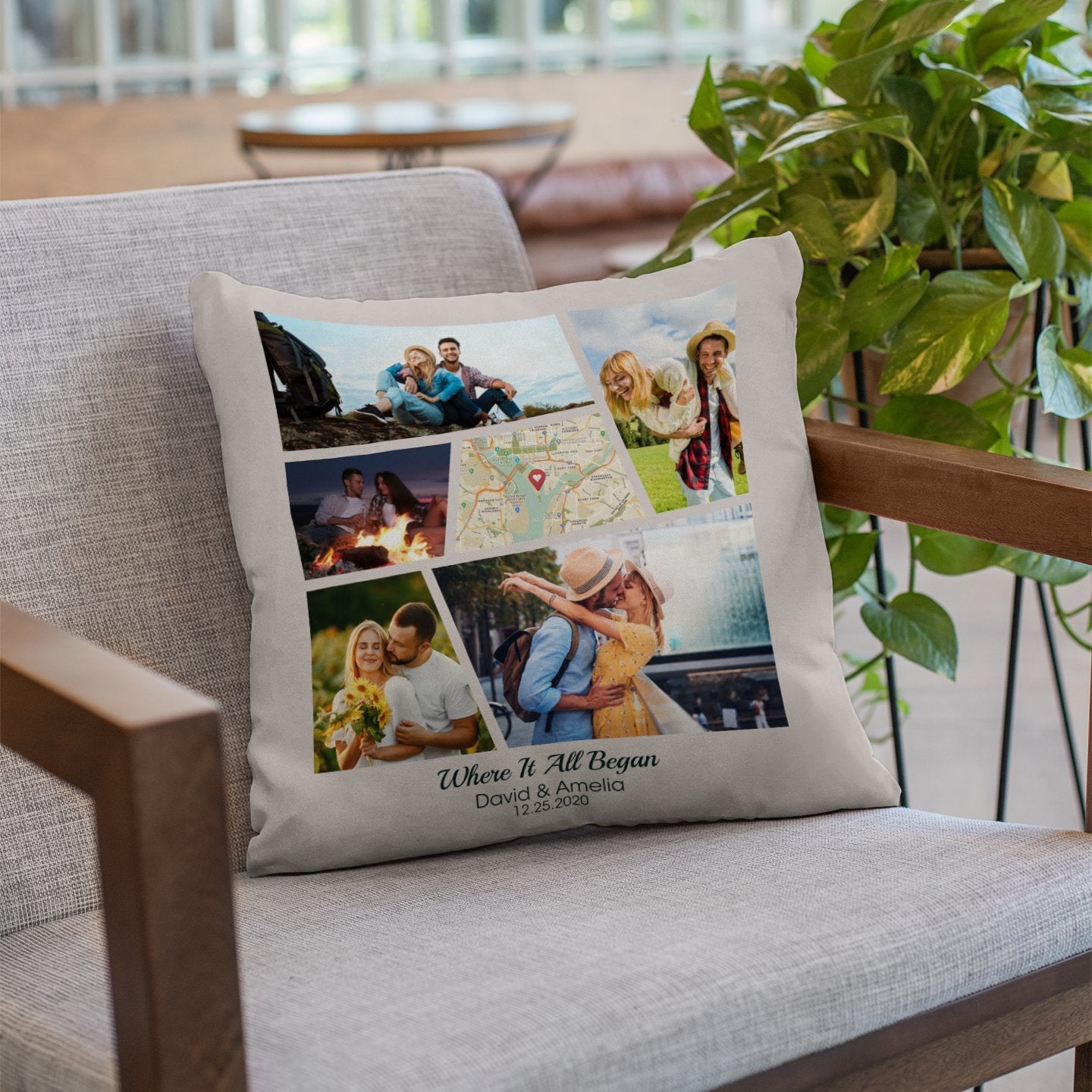 Custom Map Print And Photo Collage 2 In 1, 5 Pictures Pillow