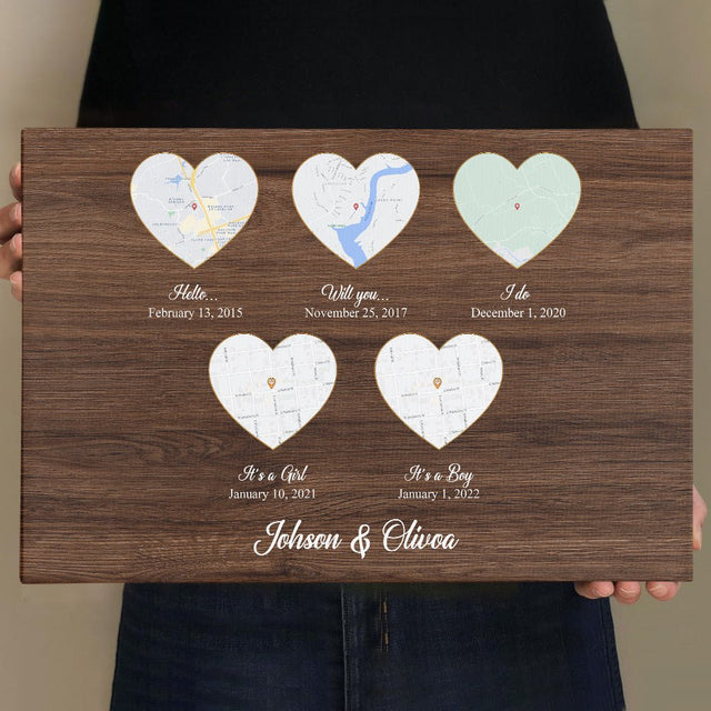 Custom Map Print And Text, 5 Heart Shape, Wood Background Canvas
