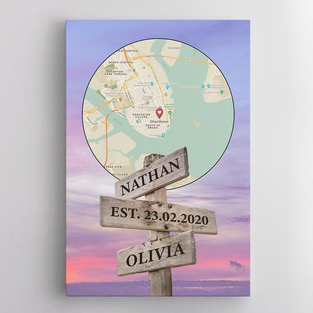 Custom Map Print And Text Street Sign Sunset Background Canvas