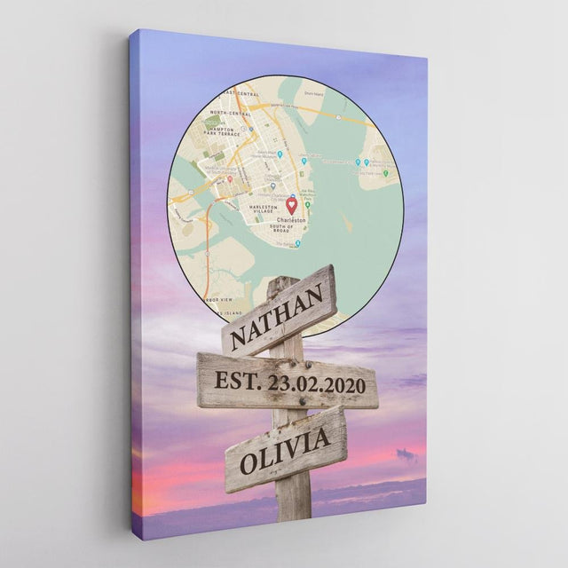 Custom Map Print And Text Street Sign Sunset Background Canvas