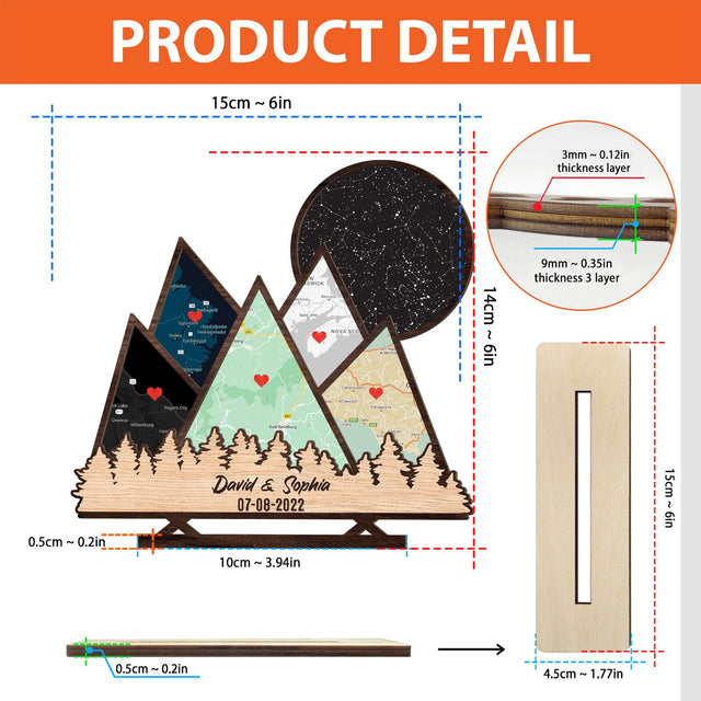 Custom Map Print By Location And Night Sky, Mountain Shape, Wooden Plaque 3 Layers