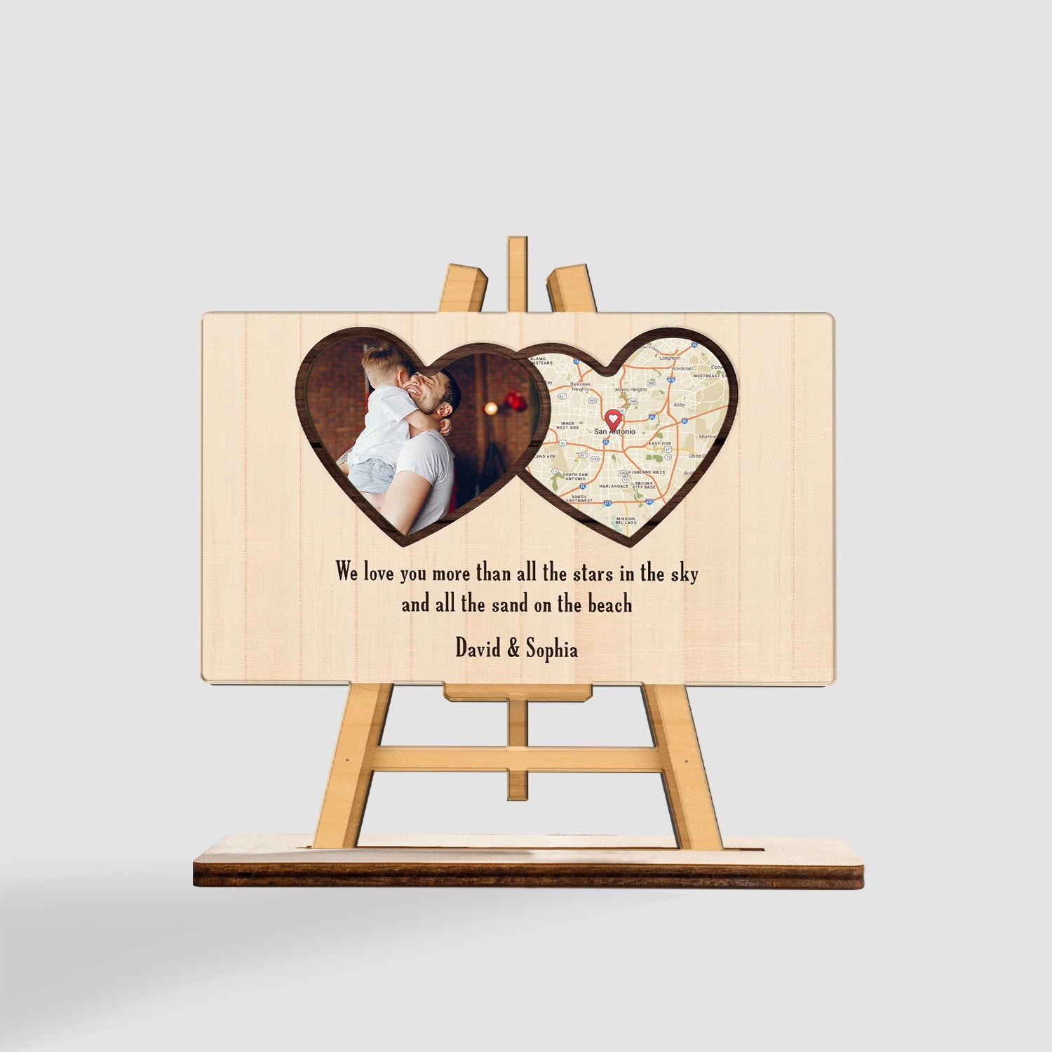 Custom Map Print By Location And Photo, Wooden Plaque 3 Layers, Heart Shape