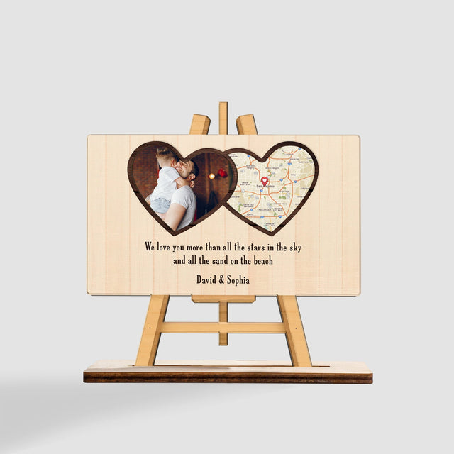 Custom Map Print By Location And Photo, Wooden Plaque 3 Layers, Heart Shape