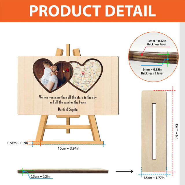 Custom Map Print By Location And Photo, Wooden Plaque 3 Layers, Heart Shape