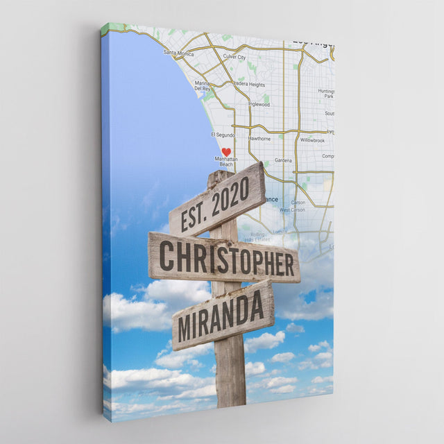 Custom Map Print By Location, Personalized Name And Date, Street Sign, Canvas Wall Art