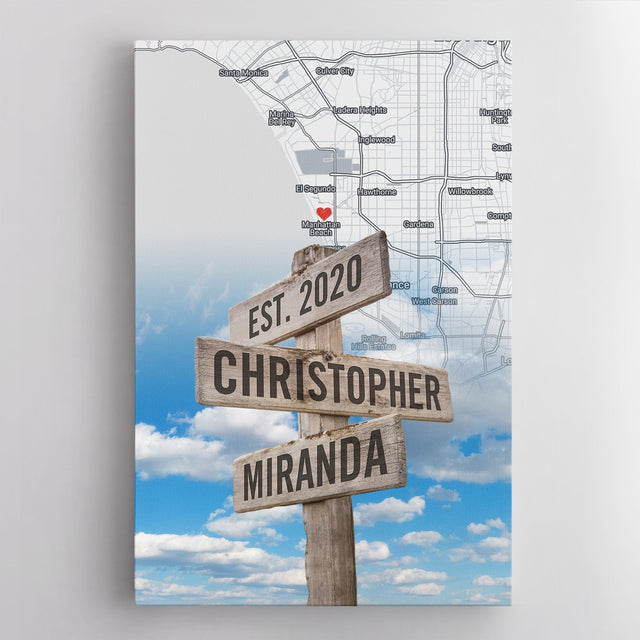 Custom Map Print By Location, Personalized Name And Date, Street Sign, Canvas Wall Art