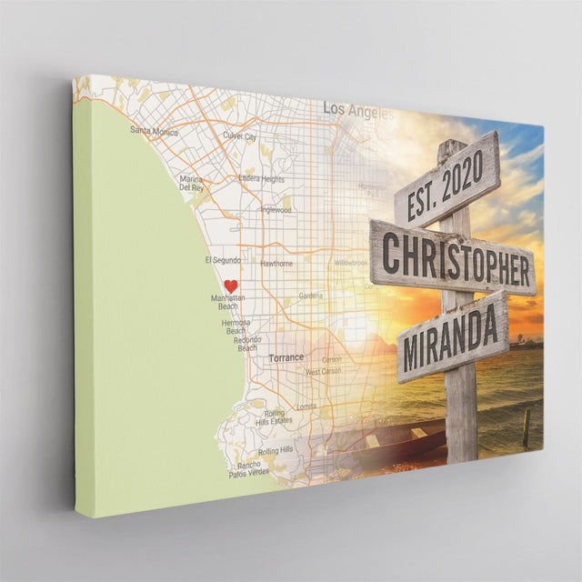Custom Map Print By Location, Personalized Name And Date, Street Sign, Canvas Wall Art