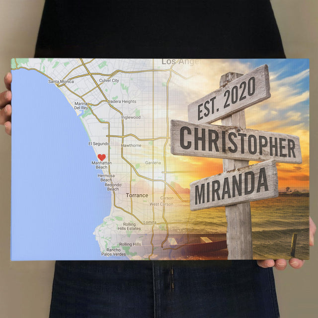 Custom Map Print By Location, Personalized Name And Date, Street Sign, Canvas Wall Art