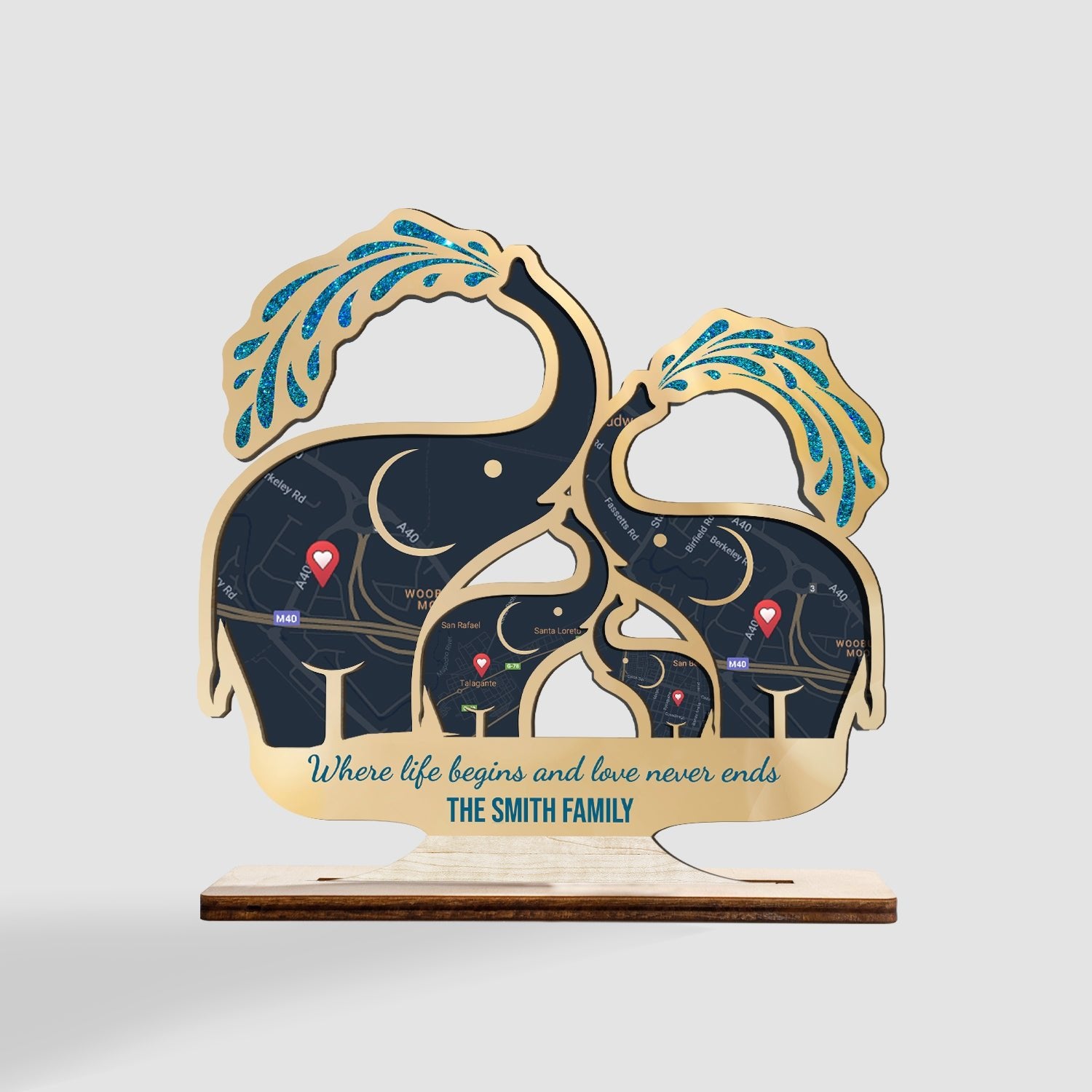 Custom Map Print By Location, Personalized Name And Text, Elephant Family, Wooden Plaque 3 Layers