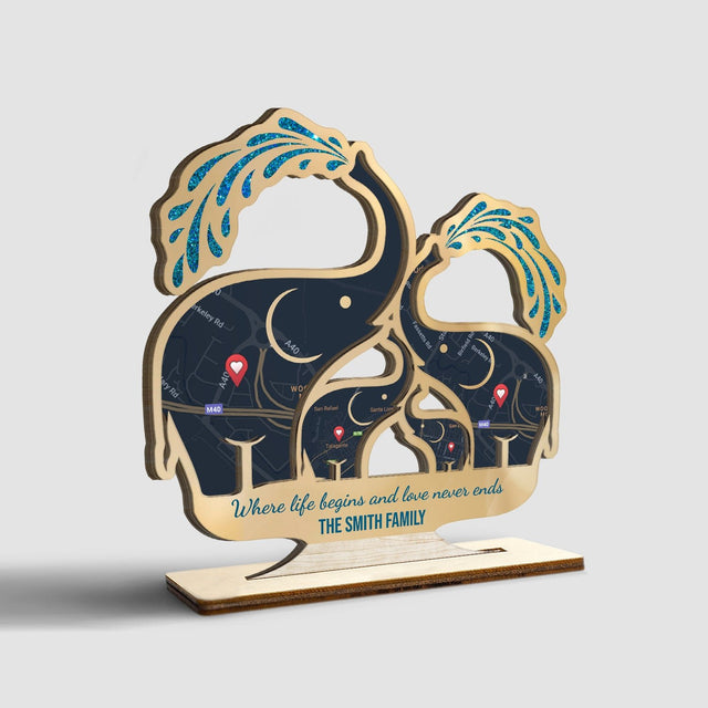 Custom Map Print By Location, Personalized Name And Text, Elephant Family, Wooden Plaque 3 Layers