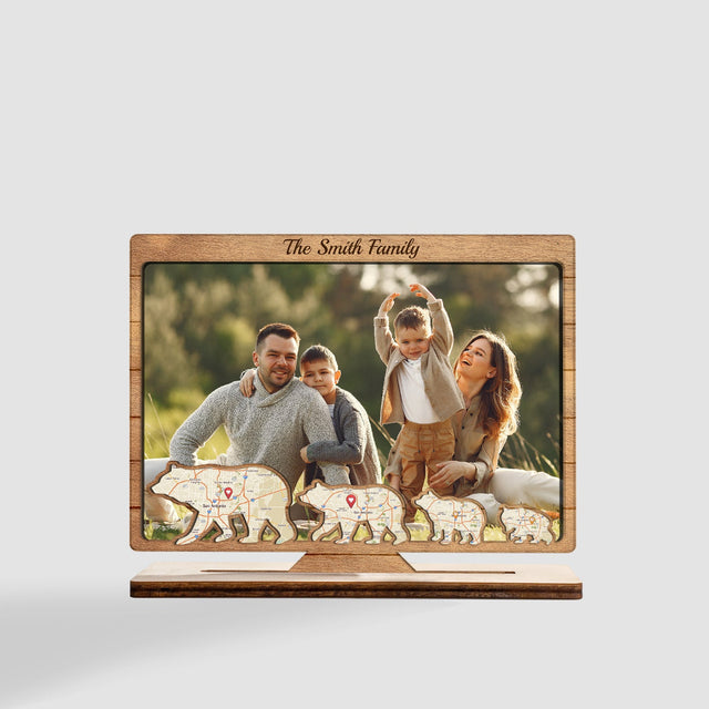 Custom Map Print By Location, Personalized Photo And Family Name, Family Bears, Wooden Plaque 3 Layers