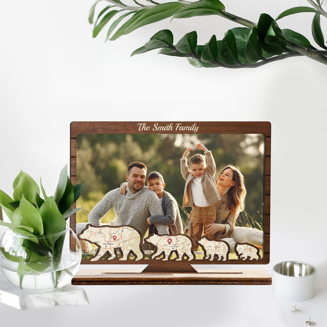Custom Map Print By Location, Personalized Photo And Family Name, Family Bears, Wooden Plaque 3 Layers