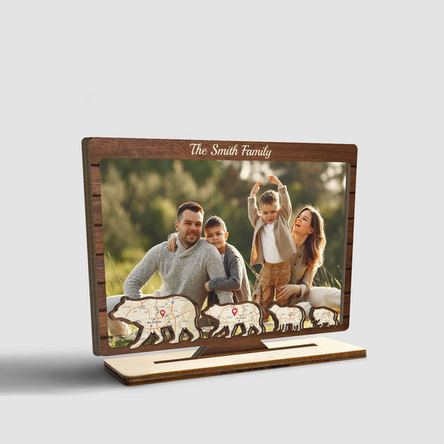 Custom Map Print By Location, Personalized Photo And Family Name, Family Bears, Wooden Plaque 3 Layers