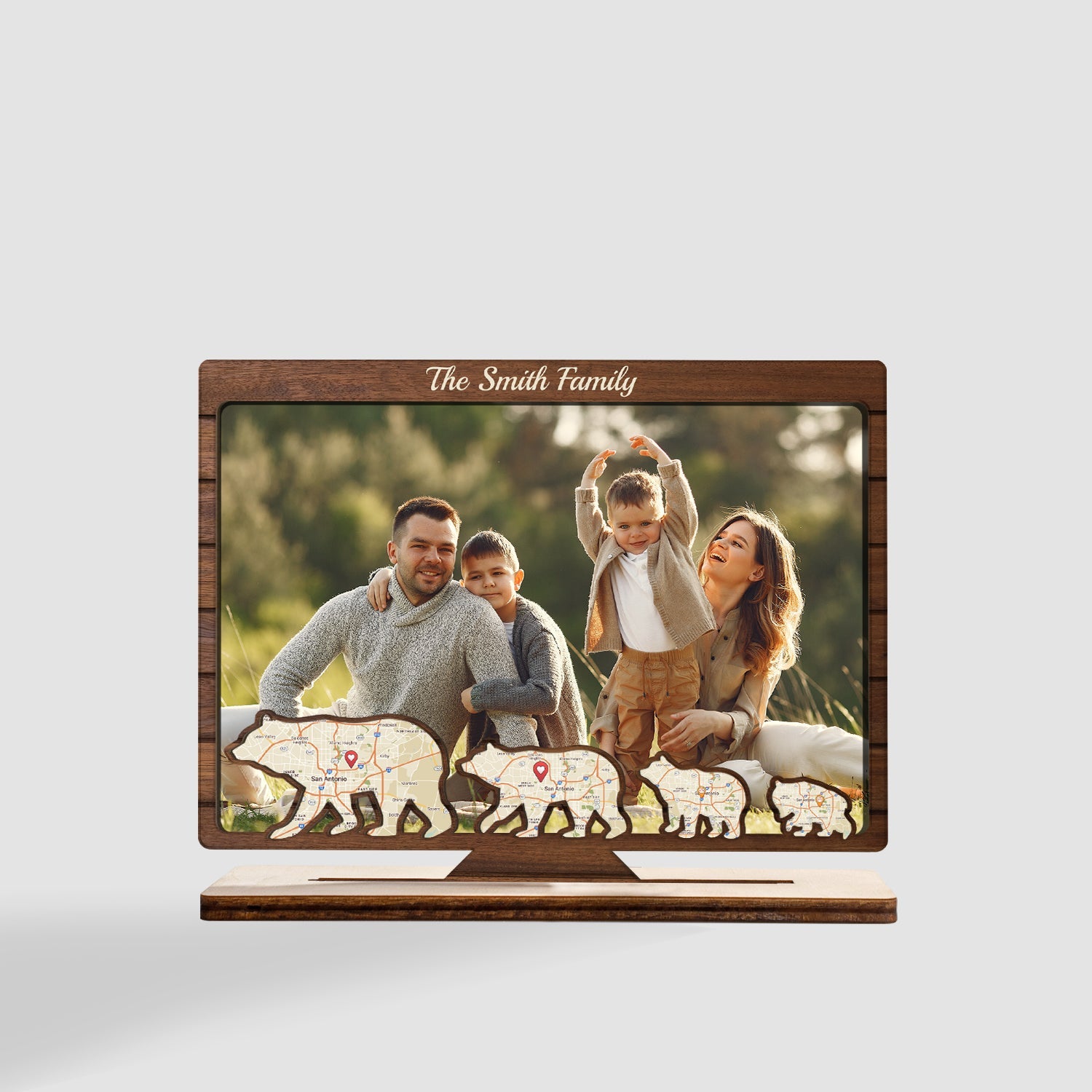 Custom Map Print By Location, Personalized Photo And Family Name, Family Bears, Wooden Plaque 3 Layers