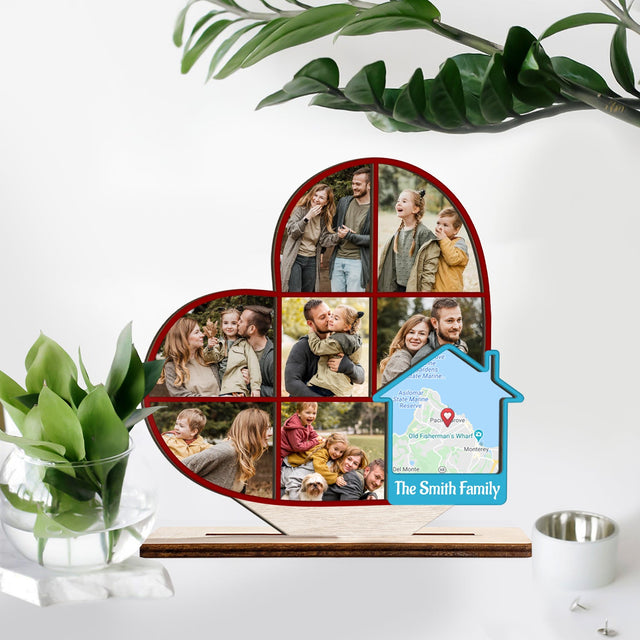 Custom Map Print By Location, Personalized Photo And Family Name, Wooden Plaque 3 Layers