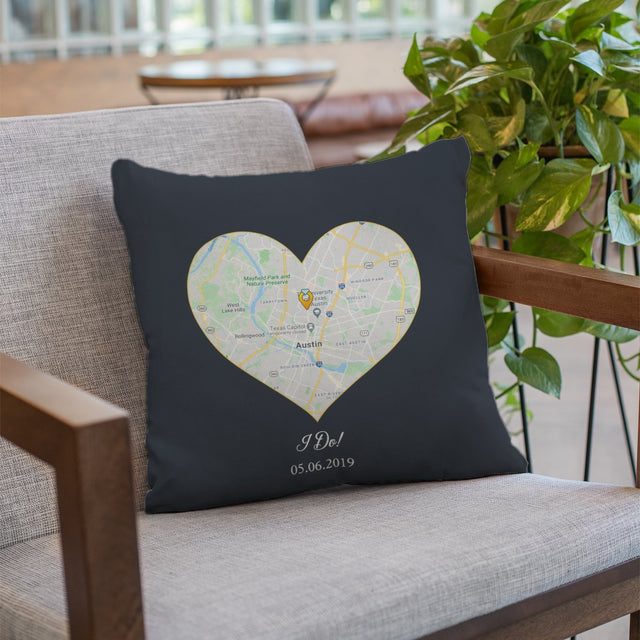 Custom Map Print Heart Art Navy Background Pillow