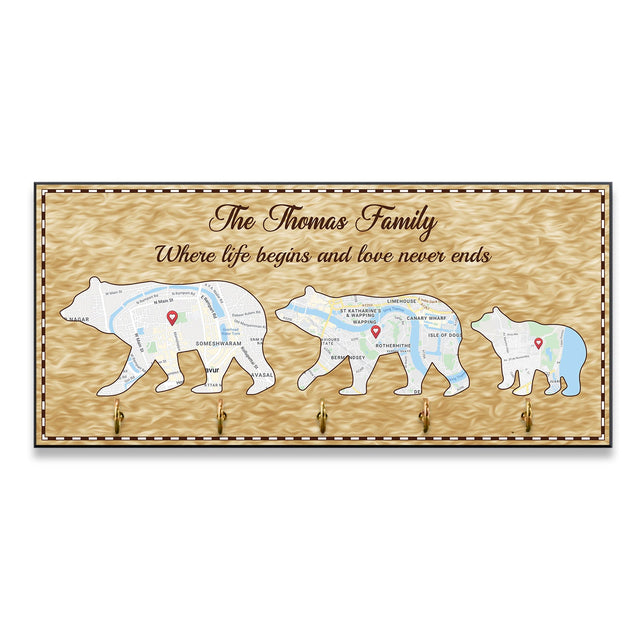 Custom Map Print, Personalized Map Print And Name, Family Bear, Key Hook