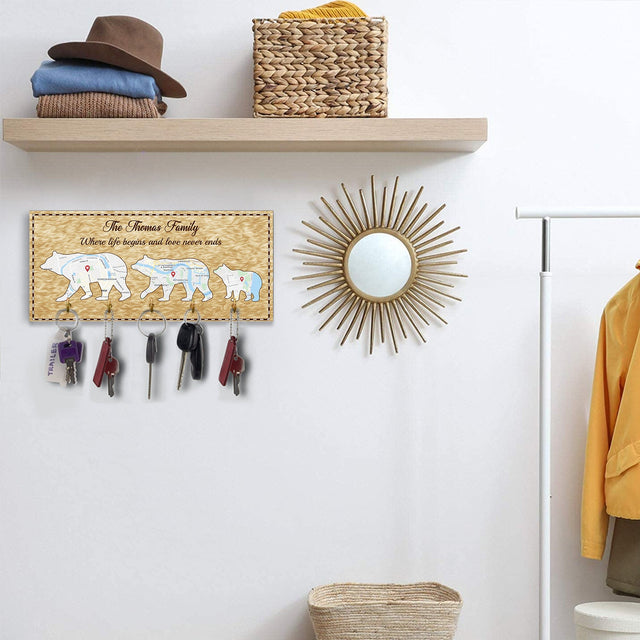 Custom Map Print, Personalized Map Print And Name, Family Bear, Key Hook