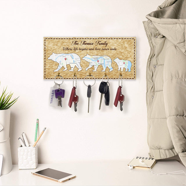 Custom Map Print, Personalized Map Print And Name, Family Bear, Key Hook