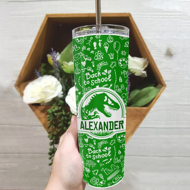 Custom Name Tumbler, Dinosaurus Art, Back To School