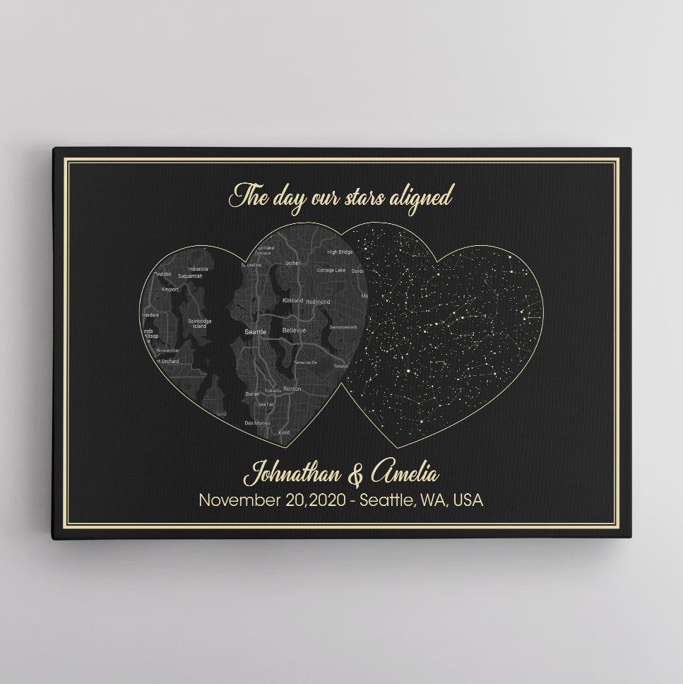 Custom Night Sky And Map 2 In 1 And Text Black Background Canvas