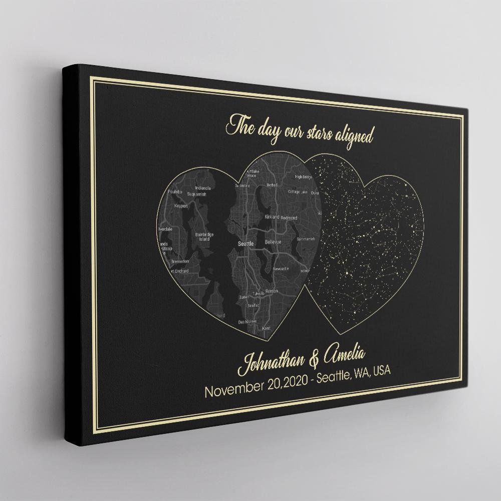 Custom Night Sky And Map 2 In 1 And Text Black Background Canvas
