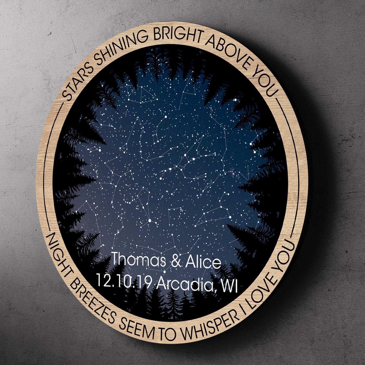 Custom Night Sky By Date And Location, Personalized Text, Round Wood Sign