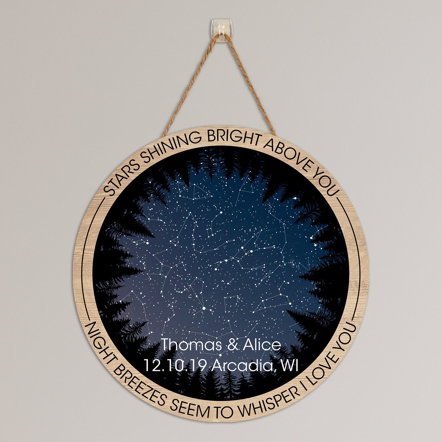 Custom Night Sky By Date And Location, Personalized Text, Round Wood Sign