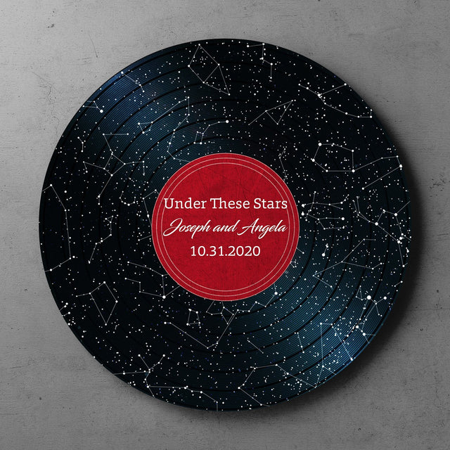 Custom Night Sky By Date And Location, Personalized Text, Vinyl Record, Round Wood Sign