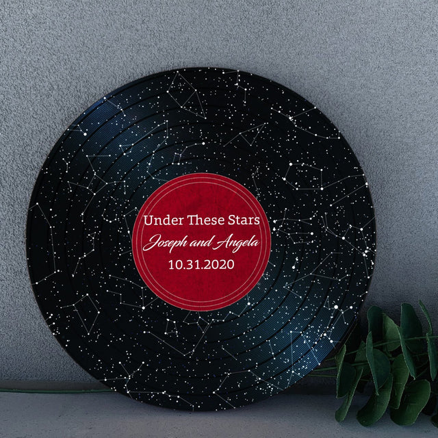 Custom Night Sky By Date And Location, Personalized Text, Vinyl Record, Round Wood Sign
