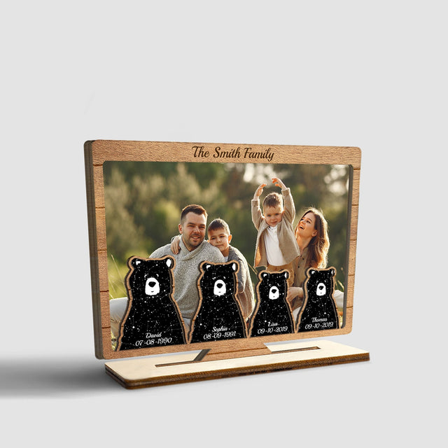Custom Night Sky By Location And Date, Personalized Photo And Family Name, Family Bears, Wooden Plaque 3 Layers