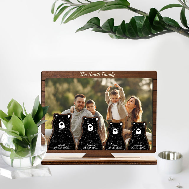 Custom Night Sky By Location And Date, Personalized Photo And Family Name, Family Bears, Wooden Plaque 3 Layers