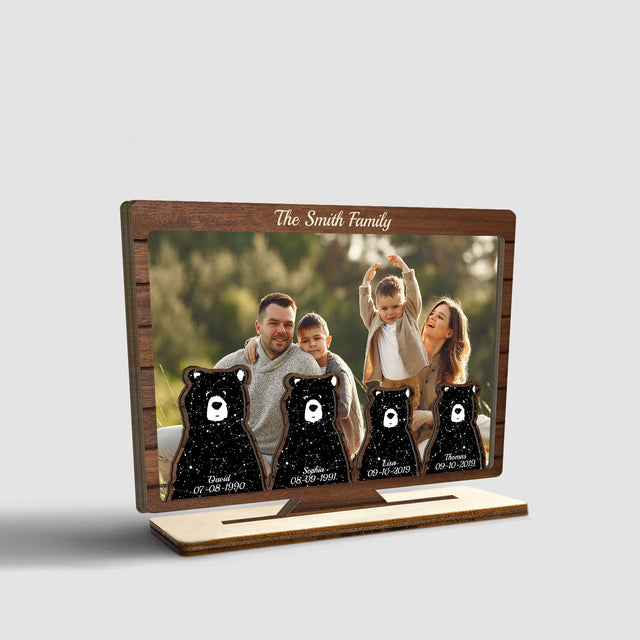 Custom Night Sky By Location And Date, Personalized Photo And Family Name, Family Bears, Wooden Plaque 3 Layers
