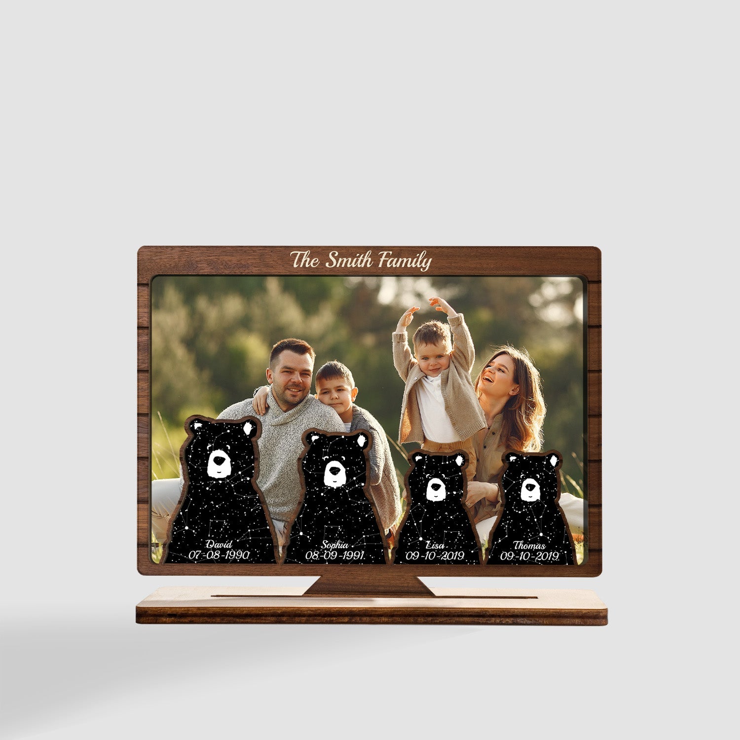 Custom Night Sky By Location And Date, Personalized Photo And Family Name, Family Bears, Wooden Plaque 3 Layers