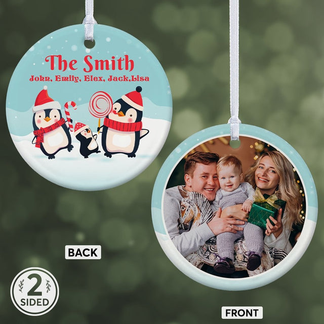 Custom Penguin Family Decorative Christmas Circle Ornament 2 Sided