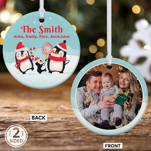 Custom Penguin Family Decorative Christmas Circle Ornament 2 Sided