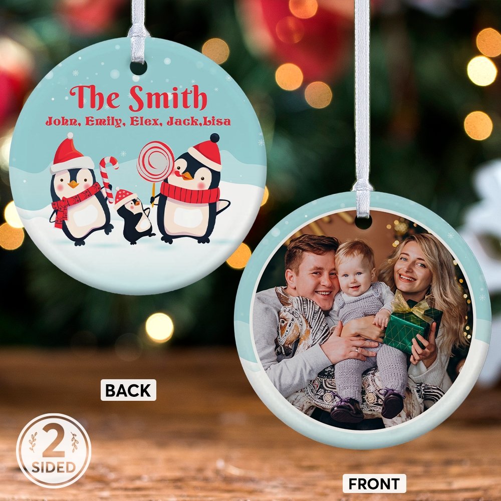 Custom Penguin Family Decorative Christmas Circle Ornament 2 Sided