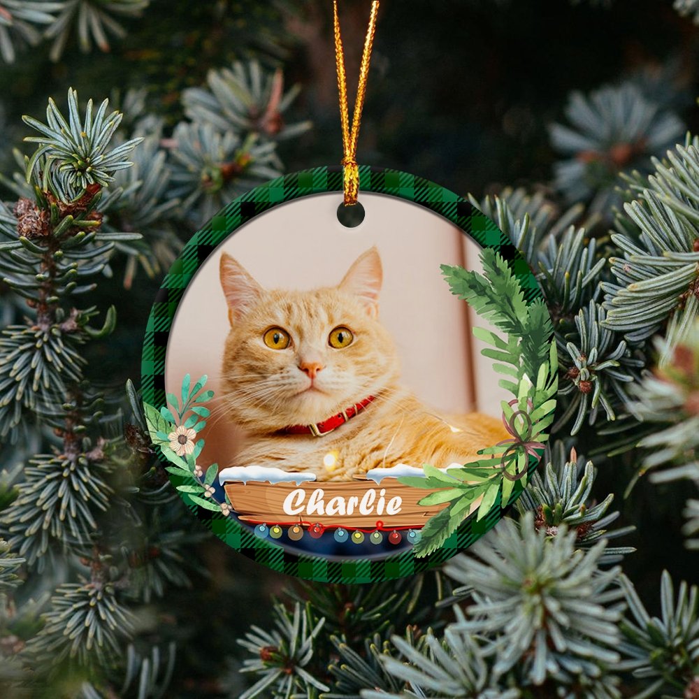 Custom Photo And Cat Name Christmas Tree Decorative Christmas Circle Ornament 2 Sided