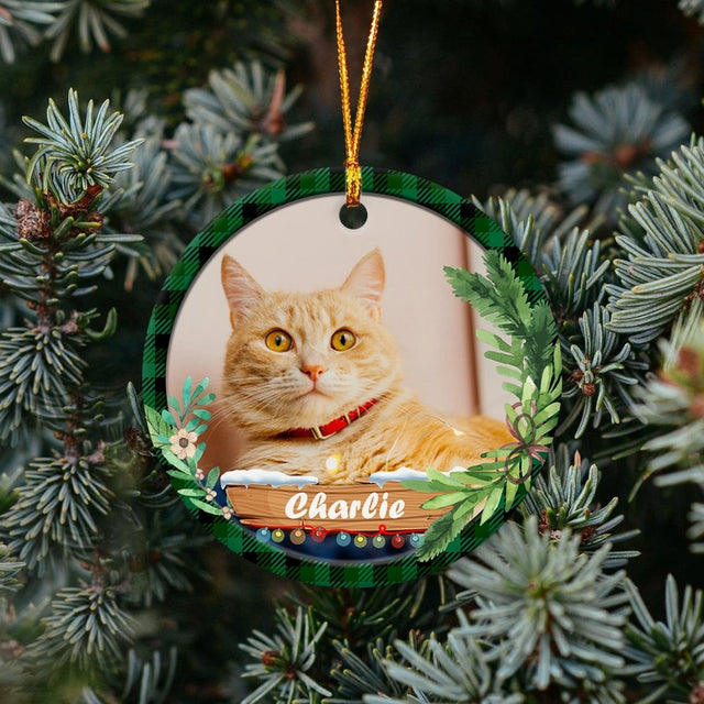 Custom Photo And Cat Name Christmas Tree Decorative Christmas Circle Ornament 2 Sided