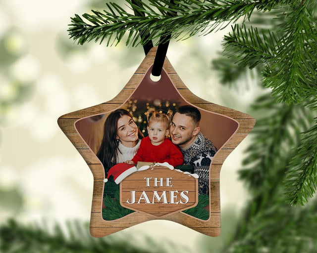 Custom Photo And Family Name Decorative Christmas Star Ornament 2 Sided