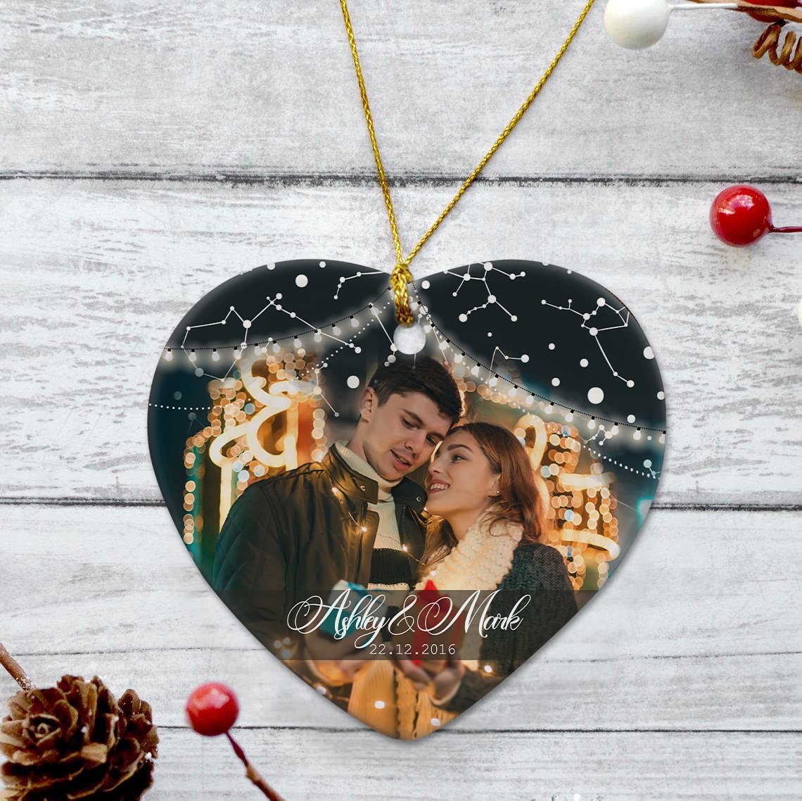 Custom Photo And Text For Couple Decorative Christmas Heart Ornament 2 Sided