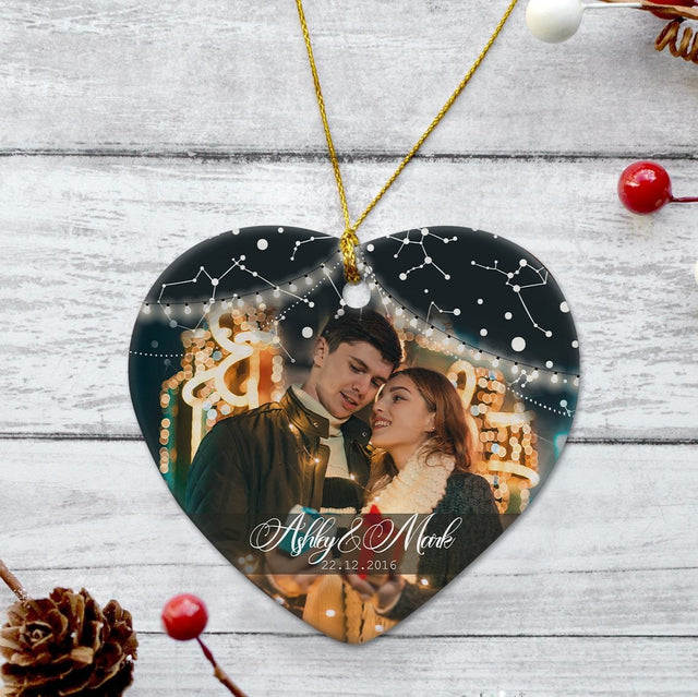 Custom Photo And Text For Couple Decorative Christmas Heart Ornament 2 Sided