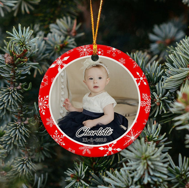 Custom Photo And Text Red Background Decorative Christmas Circle Ornament 2 Sided